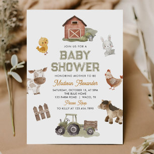 Watercolor Cute Farm Animals Barnyard Baby Shower Invitation