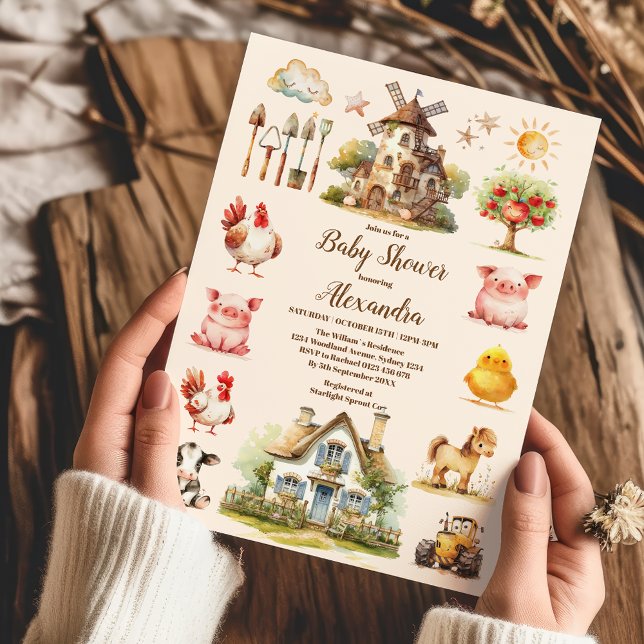 Watercolor Cute Farm Animals Barnyard Baby Shower Invitation (Creator Uploaded)