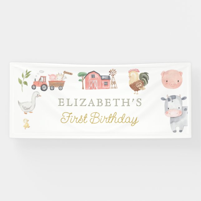 Watercolor Cute Farm Animals Barnyard Birthday Banner (Horizontal)