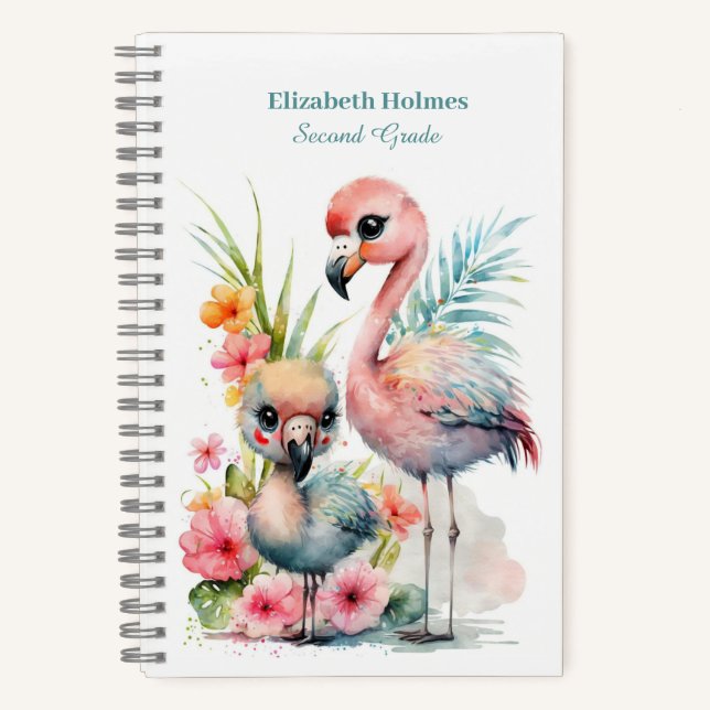 Watercolor Cute Flamingos Spiral Notebook (Front)