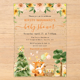 Watercolor Cute Floral Fox Baby Shower Acrylic Invitations