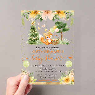 Watercolor Cute Floral Fox Baby Shower Acrylic Invitations