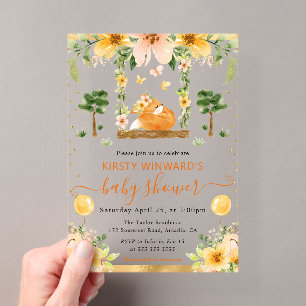 Watercolor Cute Floral Fox Baby Shower Acrylic Invitations
