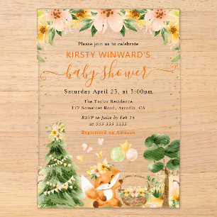 Watercolor Cute Floral Fox Baby Shower Acrylic Invitations