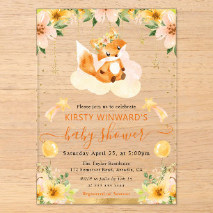 Watercolor Cute Floral Fox on Cloud Baby Shower Acrylic Invitations