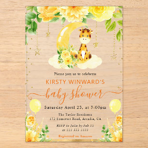 Watercolor Cute Floral Giraffe Baby Shower Acrylic Invitations