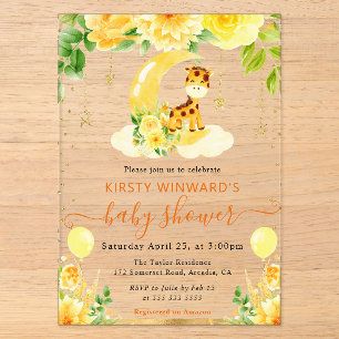 Watercolor Cute Floral Giraffe Baby Shower Acrylic Invitations