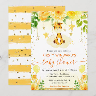 Watercolor Cute Floral Giraffe Baby Shower Invitation