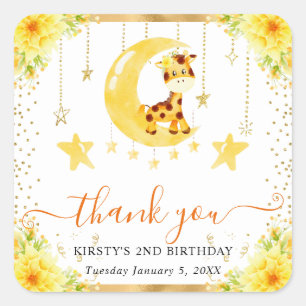 Watercolor Cute Floral Giraffe Birthday Square Sticker