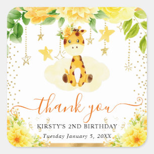 Watercolor Cute Floral Giraffe Birthday Square Sticker