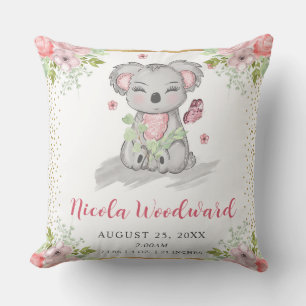 Watercolor Cute Floral Koala Baby Birth Stats Cushion