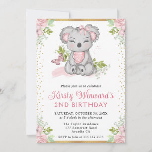 Watercolor Cute Floral Koala Girl 2nd Birthday Invitation