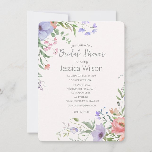 Watercolor Cute Floral Meadow  Bridal Shower Invitation (Front)