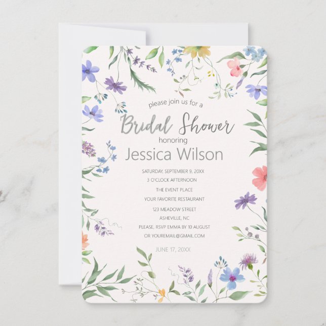 Watercolor Cute Floral Meadow  Bridal Shower Invitation (Front)