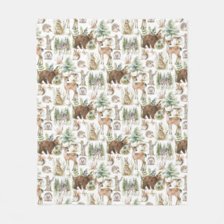 Watercolor Cute Forest Animals Fleece Blanket