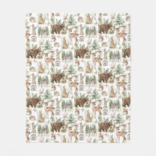 Watercolor Cute Forest Animals Fleece Blanket (Front)