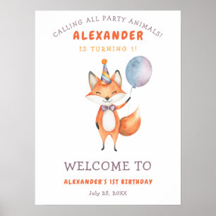 Watercolor Cute Fox 1st Birthday Poster