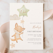 Watercolor Cute Fox Flying Balloon First Birthday