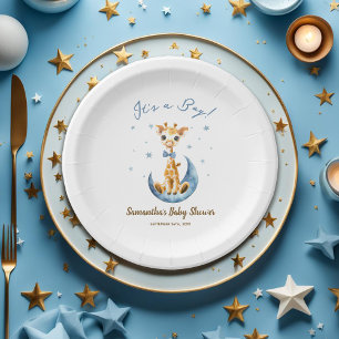Watercolor Cute Giraffe Baby Shower It's a Boy Paper Plate