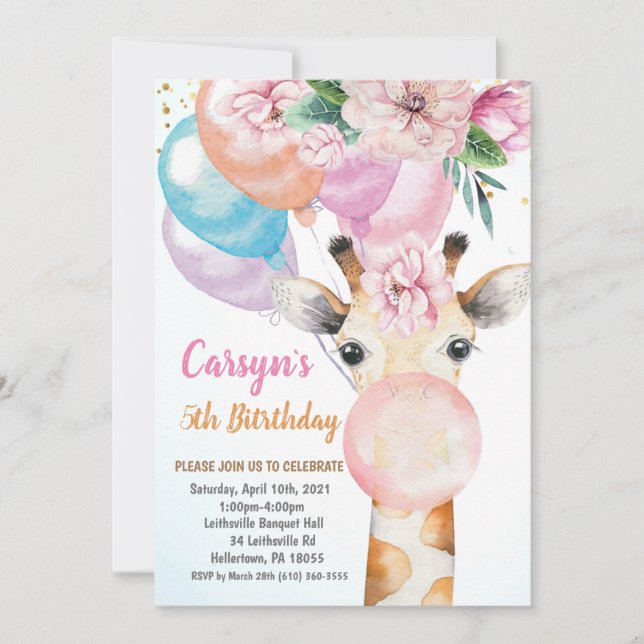 Watercolor Cute Giraffe Birthday Invitation (Front)