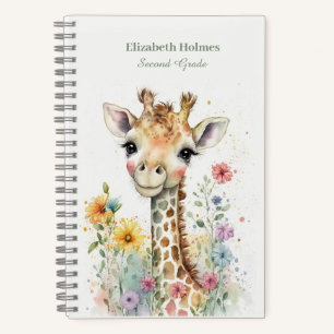 Watercolor Cute Giraffe with Flowers Notebook