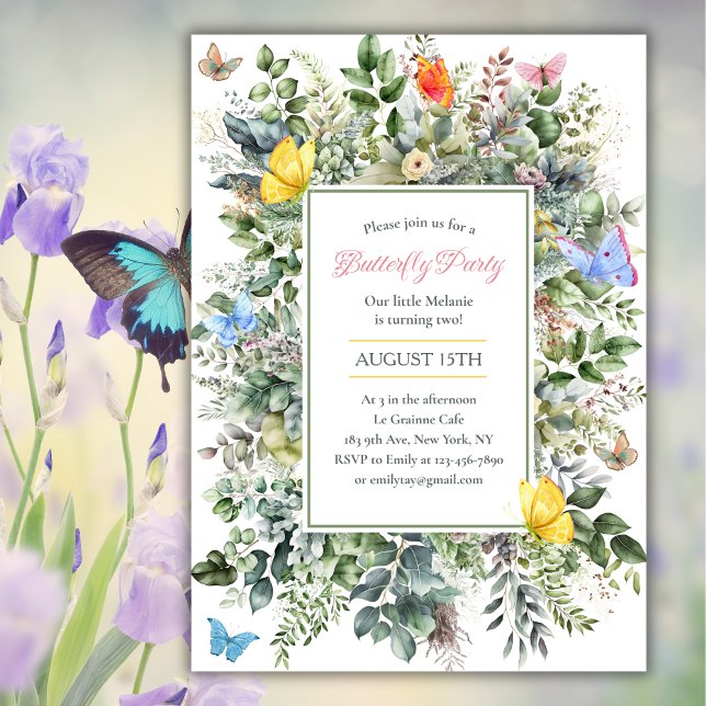 Watercolor Cute Girl Butterfly Birthday Party Invitation (Creator Uploaded)