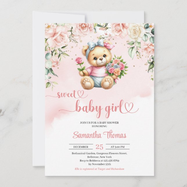 Watercolor cute girl teddy bear with flowers  invitation (Front)