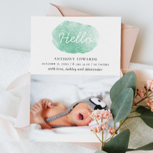 Watercolor cute green. Gender neutral birth Announcement