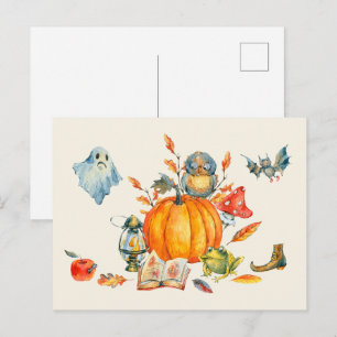 Watercolor Cute Happy Halloween Gathering Postcard