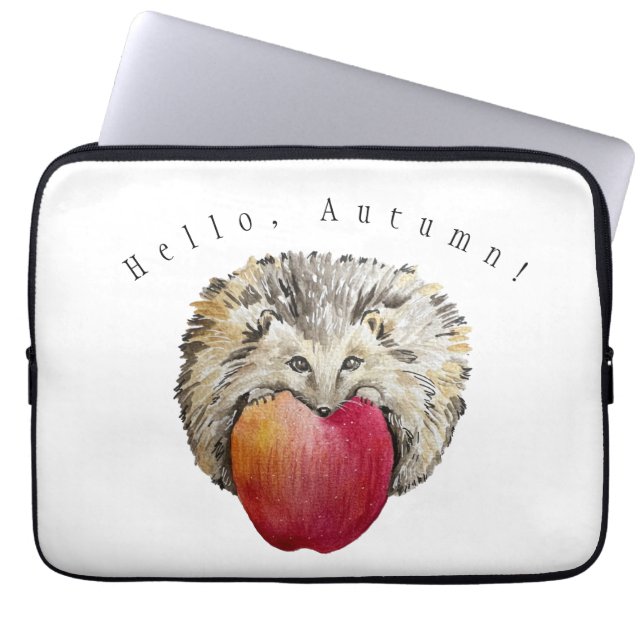 Watercolor cute hedgehog and apple laptop sleeve (Front)