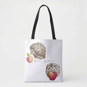 Watercolor cute hedgehog and apple tote bag
