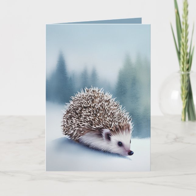 Watercolor Cute Hedgehog Christmas  Holiday Card (Front)