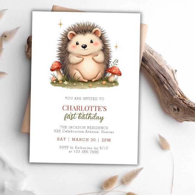 Watercolor Cute Hedgehog Mushroom Birthday Party Invitation (Watercolor Cute Hedgehog Mushroom Birthday Party Invitation)
