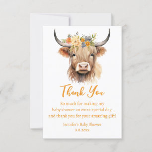 watercolor cute highland cow calf baby shower  thank you card