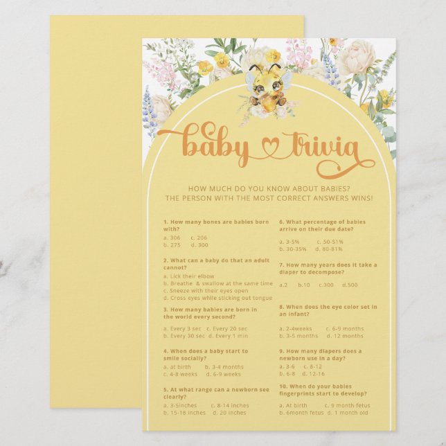 Watercolor Cute Honey Bee Baby Trivia Game (Front/Back)