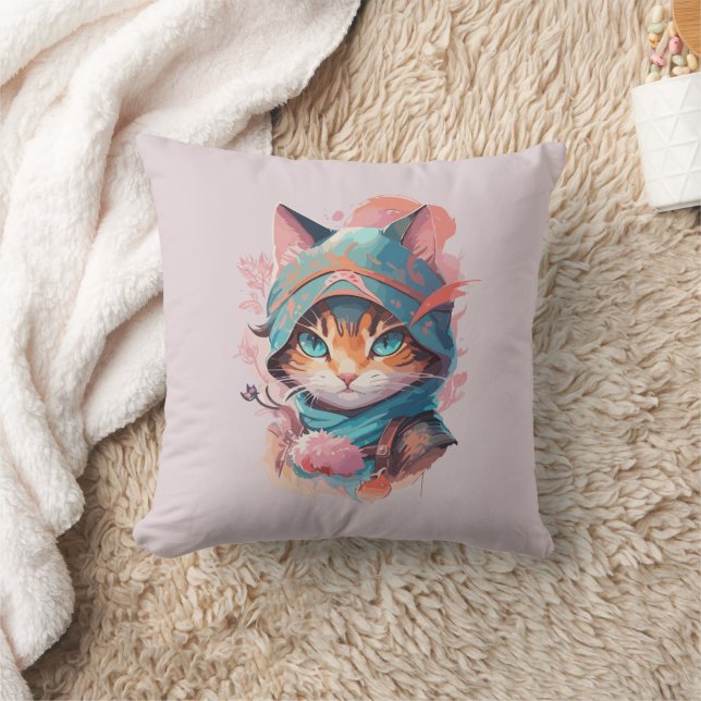 Watercolor Cute Hooded Ninja Cat Cushion (Blanket)