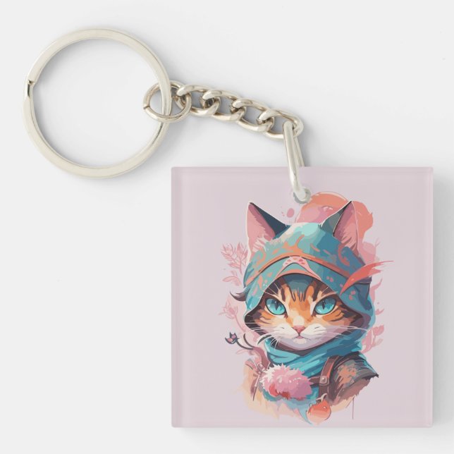 Watercolor Cute Hooded Ninja Cat Key Ring (Front)