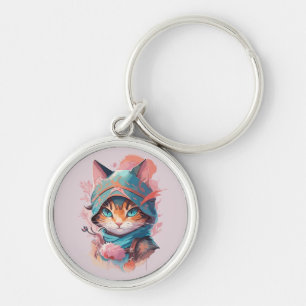 Watercolor Cute Hooded Ninja Cat Key Ring