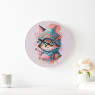 Watercolor Cute Hooded Ninja Cat Large Clock