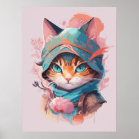 Watercolor Cute Hooded Ninja Cat
