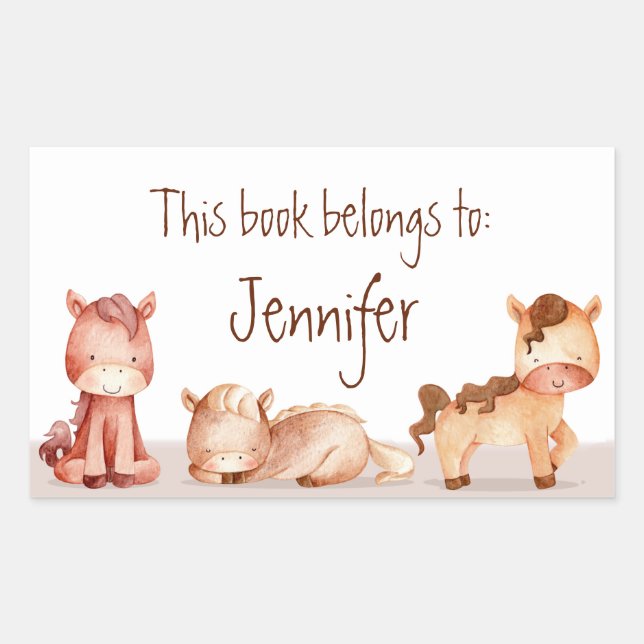 Watercolor Cute Horses Cartoon Art Rectangular Sticker (Front)