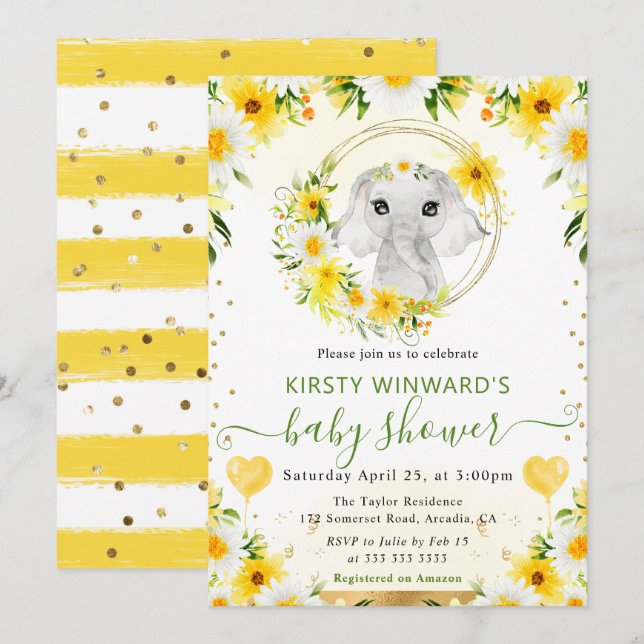 Watercolor Cute Jungle Elephant Baby Shower Invitation (Front/Back)