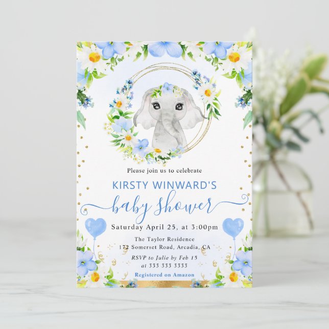 Watercolor Cute Jungle Elephant Baby Shower Invitation (Standing Front)