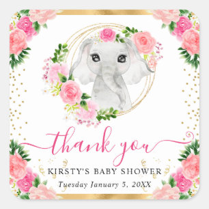 Watercolor Cute Jungle Elephant Floral Baby Shower Square Sticker