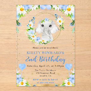 Watercolor Cute Jungle Elephant Kids Birthday Acrylic Invitations