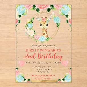 Watercolor Cute Jungle Giraffe Kids Birthday Acrylic Invitations