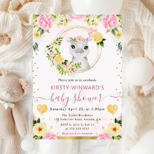Watercolor Cute Jungle Hippo Baby Shower Invitation