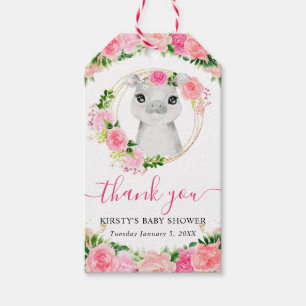 Watercolor Cute Jungle Hippo Floral Baby Shower Gift Tags