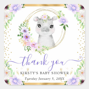 Watercolor Cute Jungle Hippo Floral Baby Shower Square Sticker