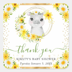Watercolor Cute Jungle Hippo  Floral Baby Shower Square Sticker